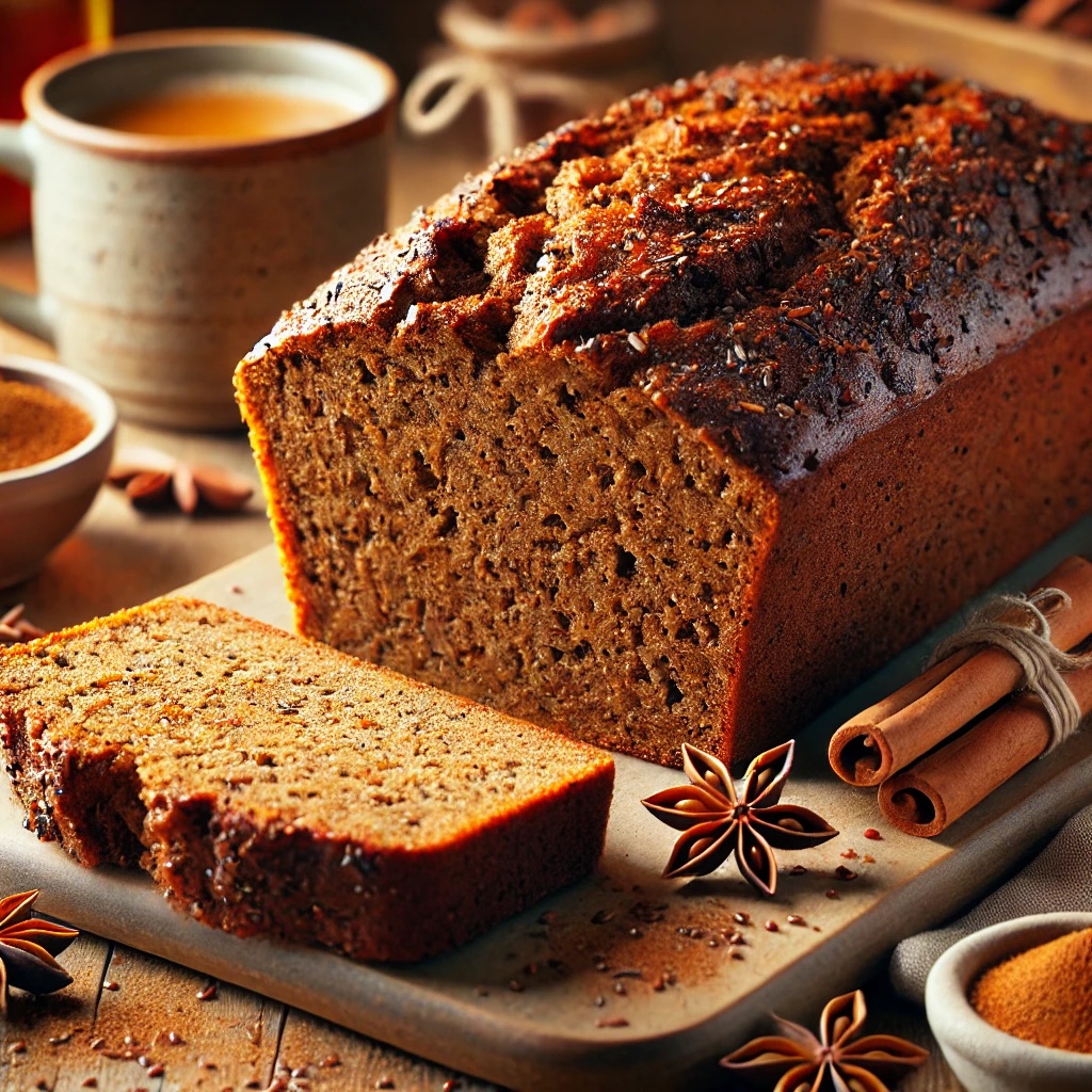 Chai-spiced protein cake loaf sliced on a wooden board, surrounded by cinnamon sticks and star anise